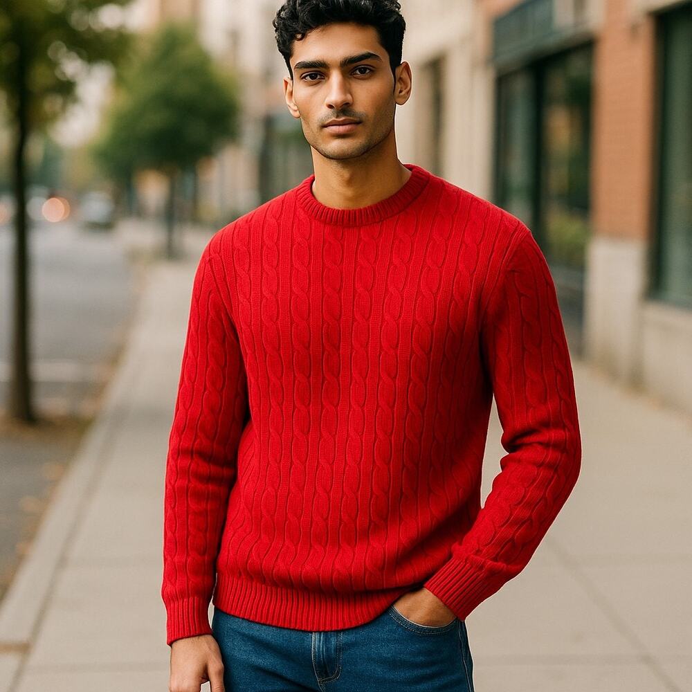 Tommy Hilfiger‎ Mens Sweater Sz L Red Cableknit Long Sleeve
